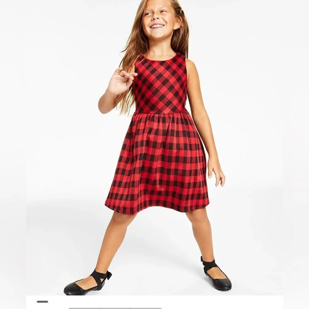 Toddler Girls Knit Coat with‎ Buffalo Check Dress Set